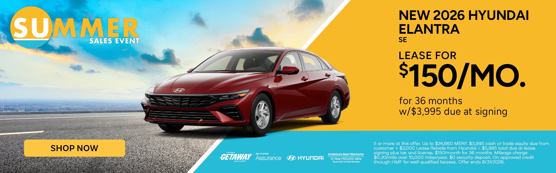 Lease 2026 Hyundai Elantra for $150/month for 36 months 